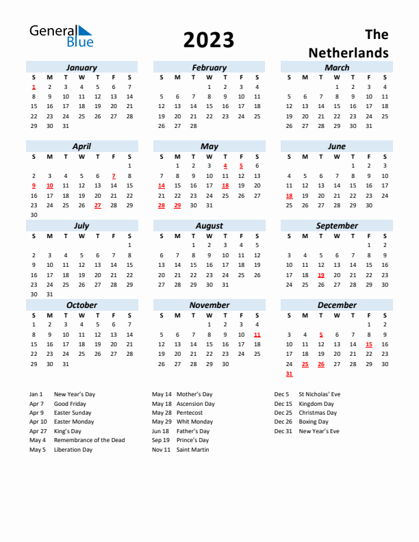 2023 Calendar for The Netherlands with Holidays