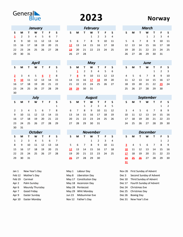 2023 Calendar for Norway with Holidays