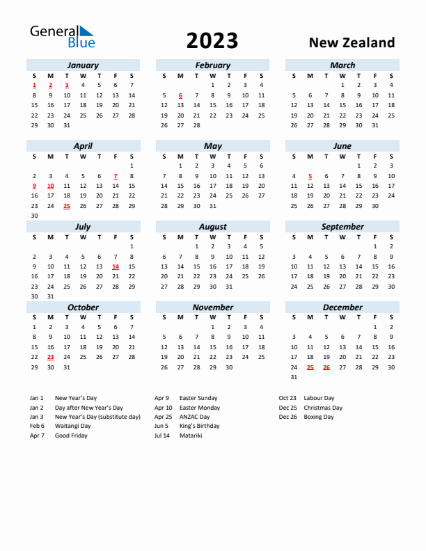 2023 Calendar for New Zealand with Holidays