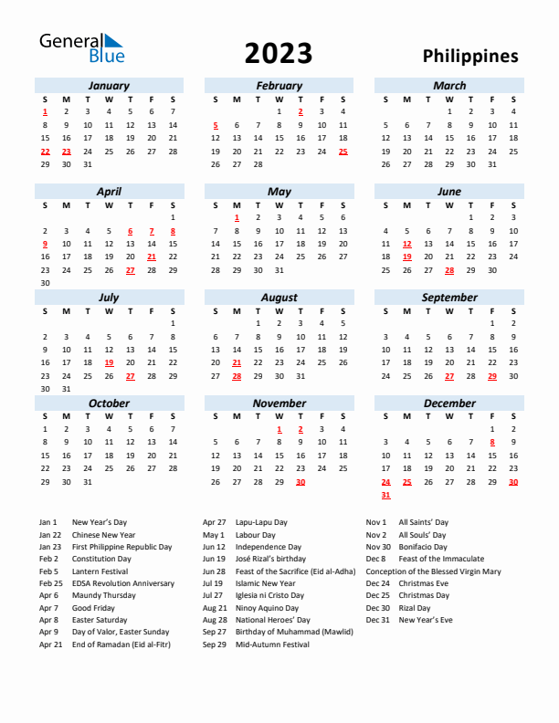 2023 Calendar for Philippines with Holidays