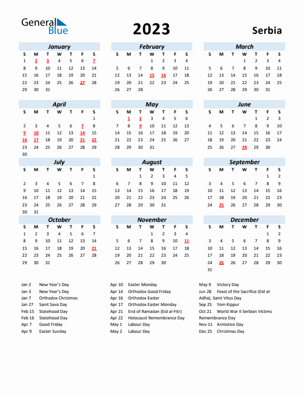 2023 Calendar for Serbia with Holidays