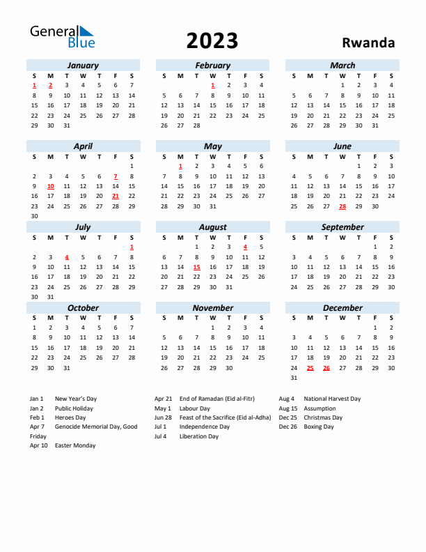 2023 Calendar for Rwanda with Holidays