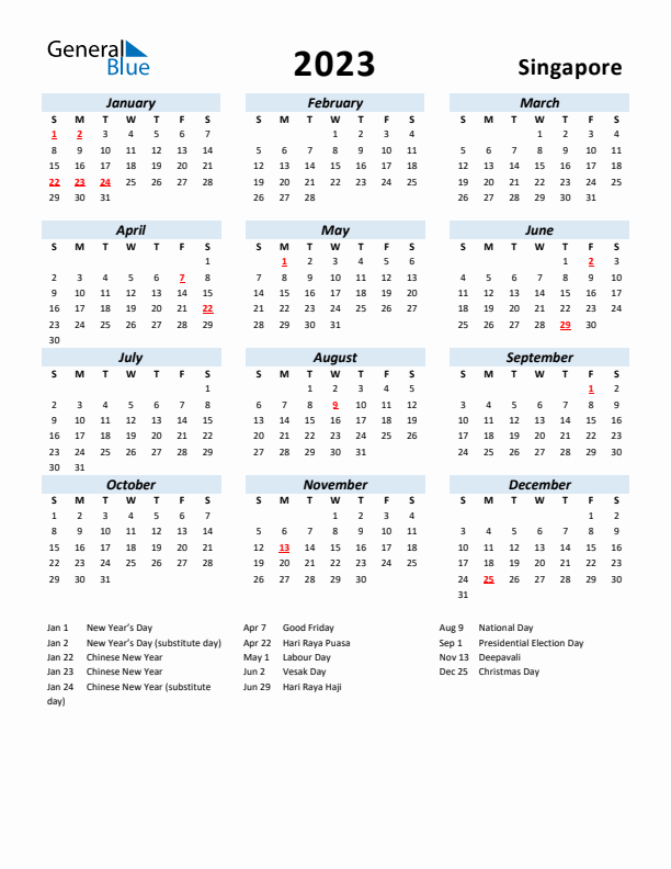 2023 Calendar for Singapore with Holidays