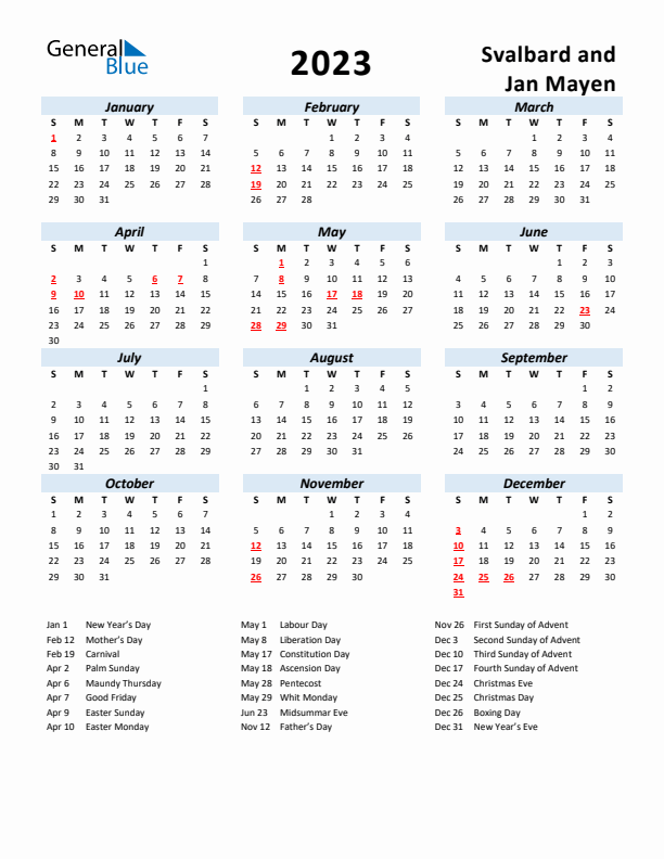 2023 Calendar for Svalbard and Jan Mayen with Holidays