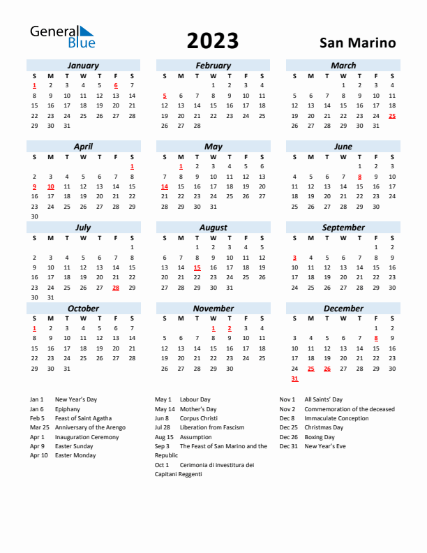 2023 Calendar for San Marino with Holidays