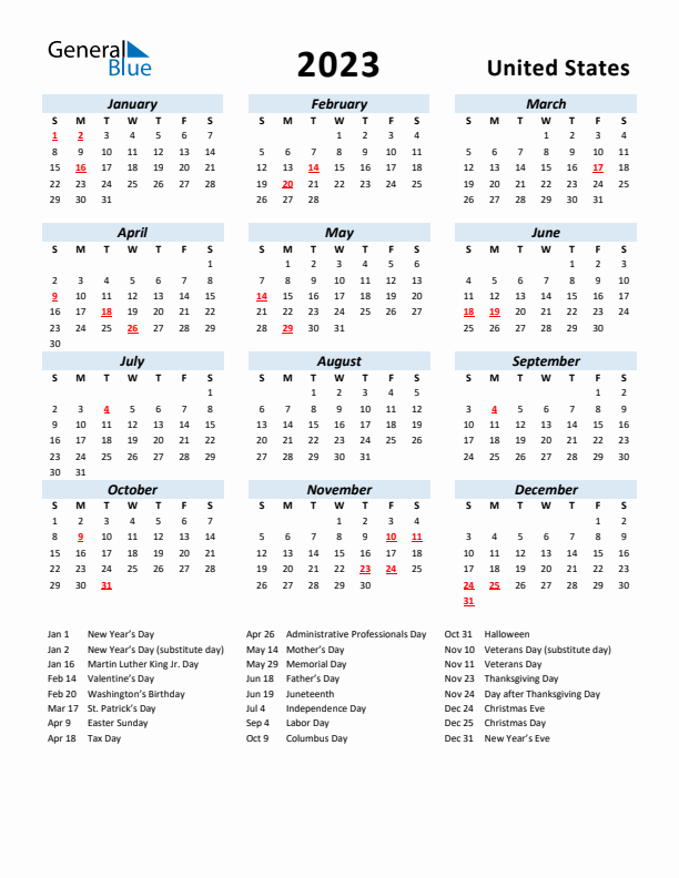 2023 Calendar for United States with Holidays