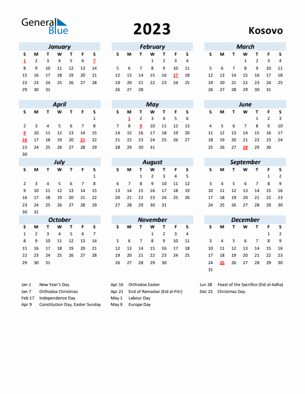 2023 Calendar for Kosovo with Holidays