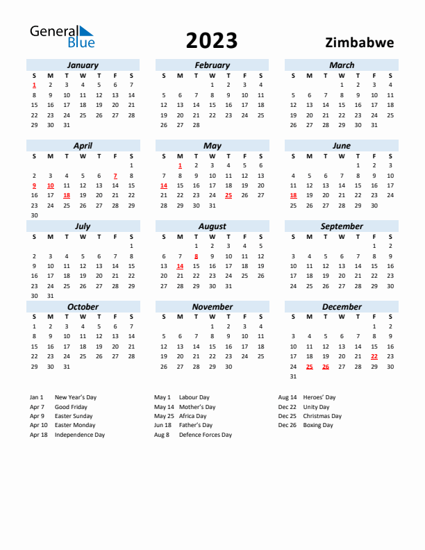 2023 Calendar for Zimbabwe with Holidays