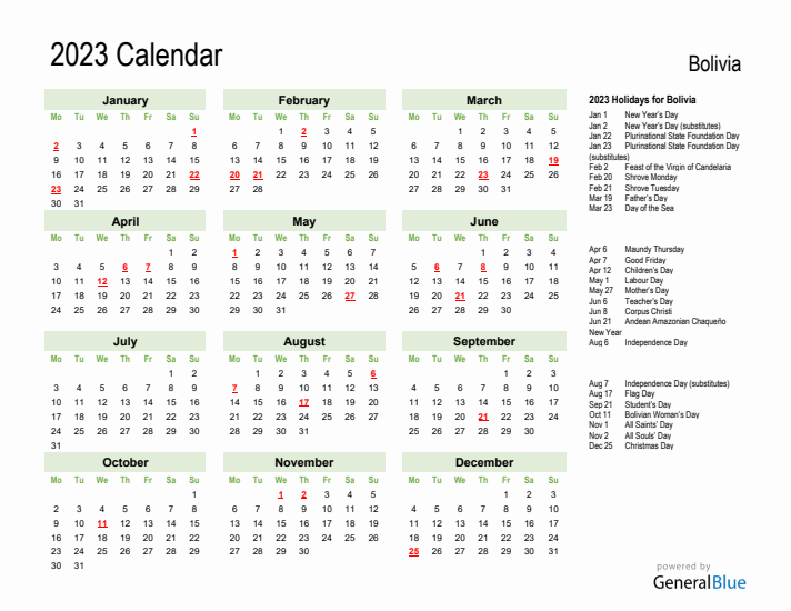 Holiday Calendar 2023 for Bolivia (Monday Start)