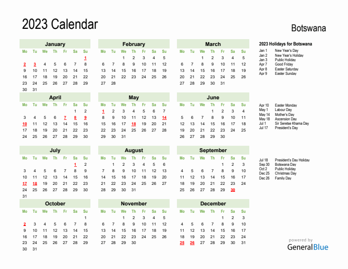 Holiday Calendar 2023 for Botswana (Monday Start)