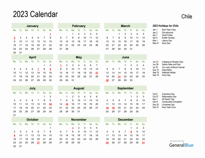 Holiday Calendar 2023 for Chile (Monday Start)