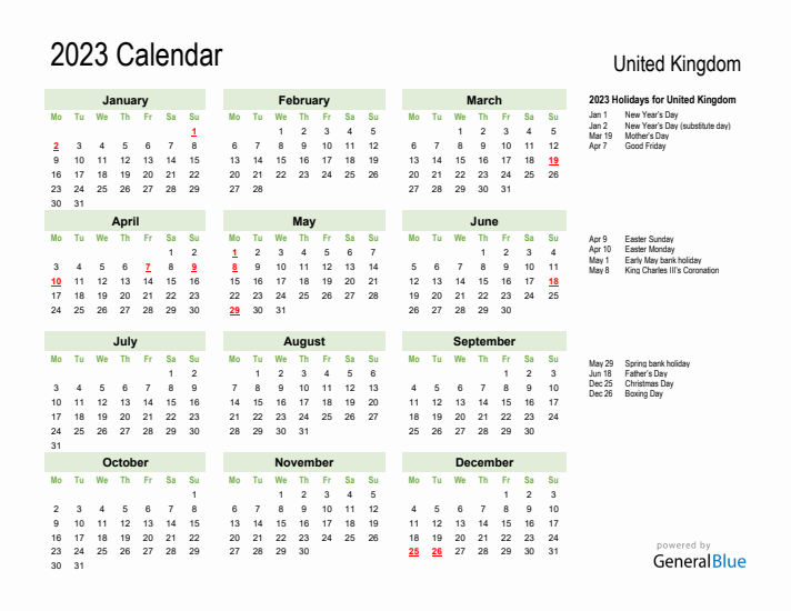 Holiday Calendar 2023 for United Kingdom (Monday Start)