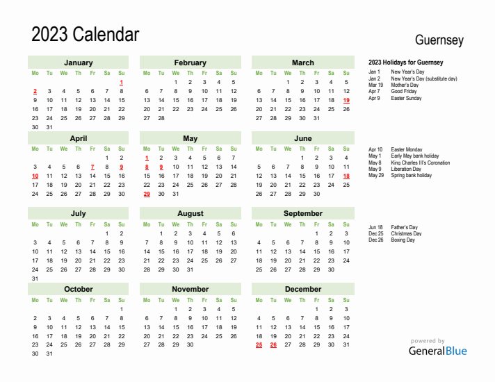 Holiday Calendar 2023 for Guernsey (Monday Start)