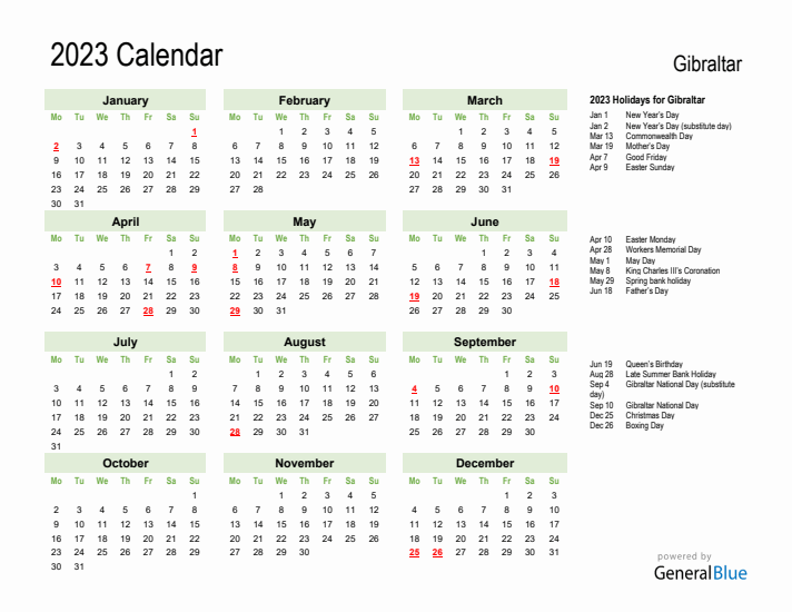 Holiday Calendar 2023 for Gibraltar (Monday Start)