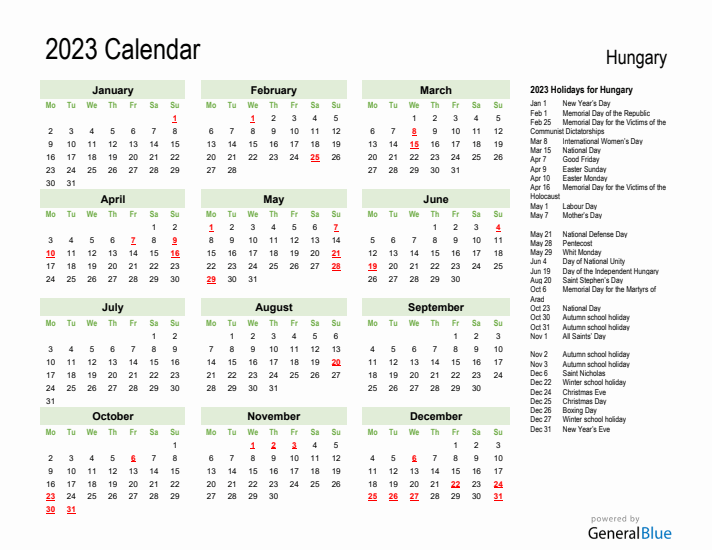 Holiday Calendar 2023 for Hungary (Monday Start)