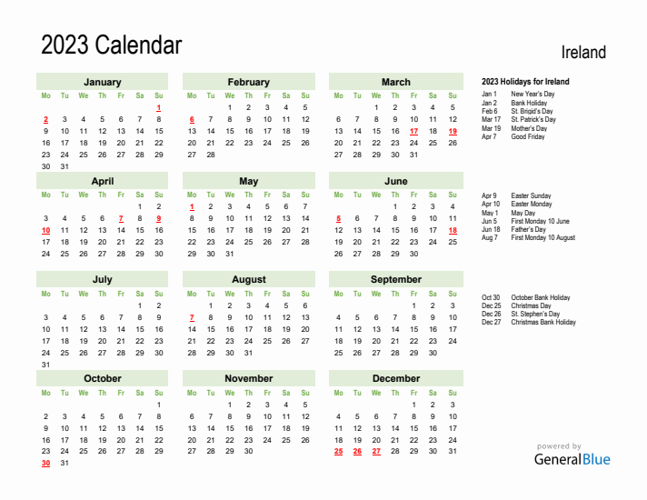 Holiday Calendar 2023 for Ireland (Monday Start)