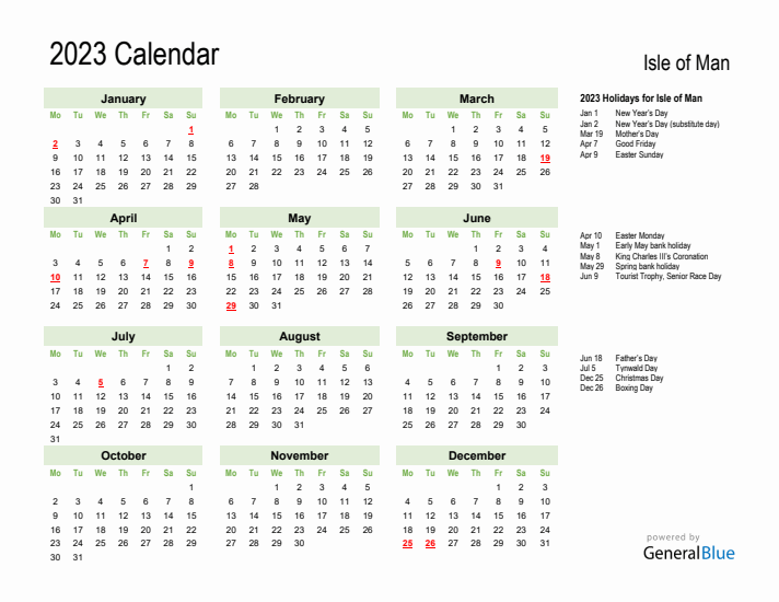 Holiday Calendar 2023 for Isle of Man (Monday Start)