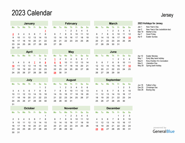 Holiday Calendar 2023 for Jersey (Monday Start)