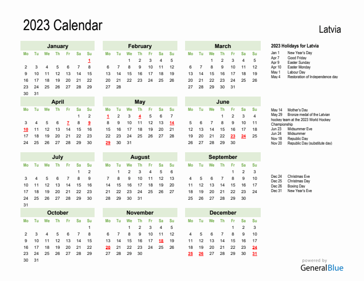 Holiday Calendar 2023 for Latvia (Monday Start)