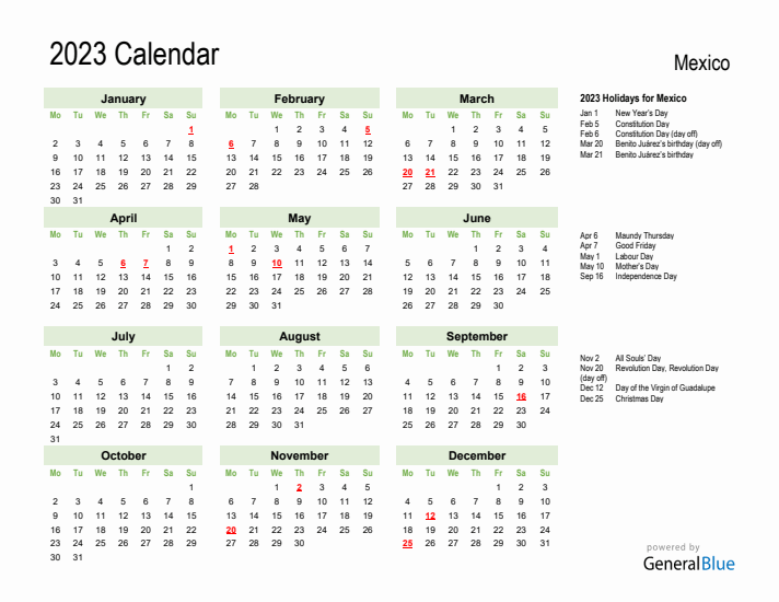 Holiday Calendar 2023 for Mexico (Monday Start)