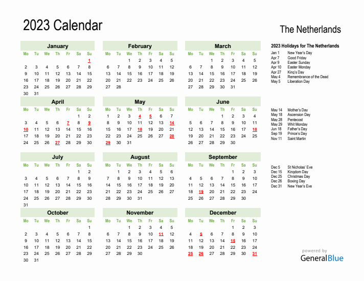 Holiday Calendar 2023 for The Netherlands (Monday Start)