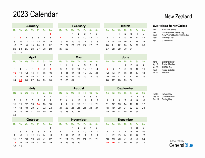 Holiday Calendar 2023 for New Zealand (Monday Start)