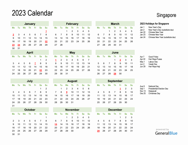 Holiday Calendar 2023 for Singapore (Monday Start)