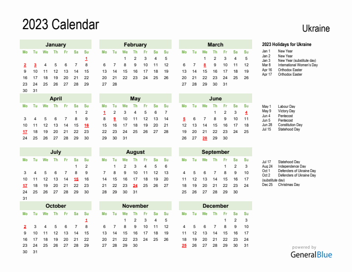 Holiday Calendar 2023 for Ukraine (Monday Start)