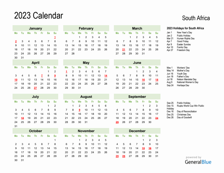 Holiday Calendar 2023 for South Africa (Monday Start)