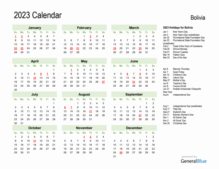 Holiday Calendar 2023 for Bolivia (Sunday Start)