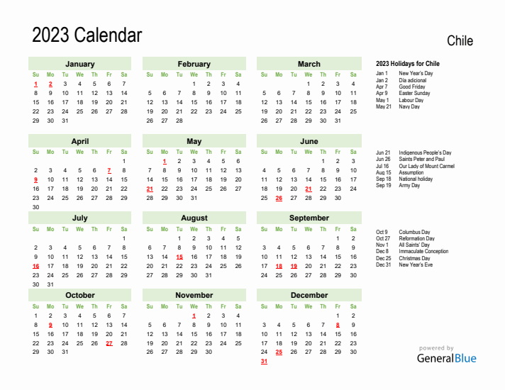 Holiday Calendar 2023 for Chile (Sunday Start)