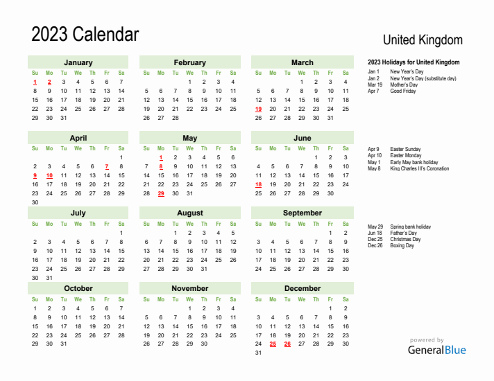 Holiday Calendar 2023 for United Kingdom (Sunday Start)