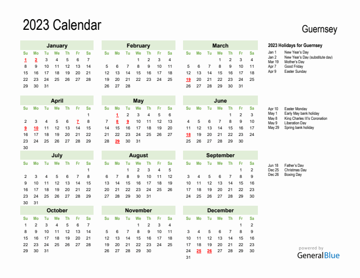 Holiday Calendar 2023 for Guernsey (Sunday Start)