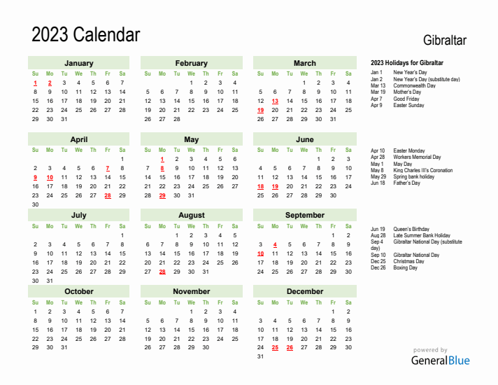 Holiday Calendar 2023 for Gibraltar (Sunday Start)