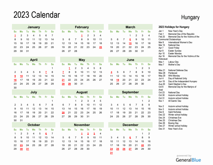 Holiday Calendar 2023 for Hungary (Sunday Start)