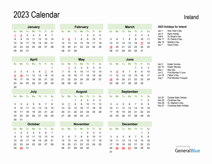 Holiday Calendar 2023 for Ireland (Sunday Start)