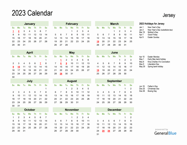 Holiday Calendar 2023 for Jersey (Sunday Start)