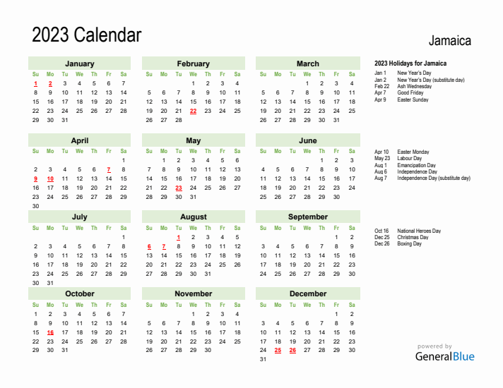 Holiday Calendar 2023 for Jamaica (Sunday Start)