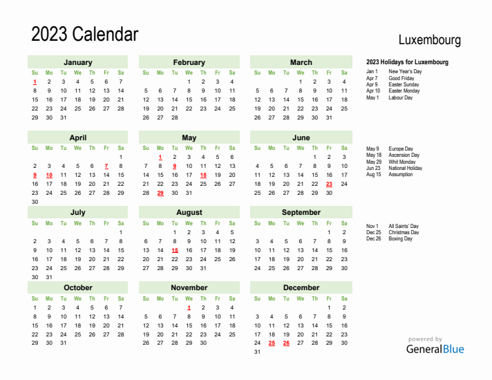 Holiday Calendar 2023 for Luxembourg (Sunday Start)