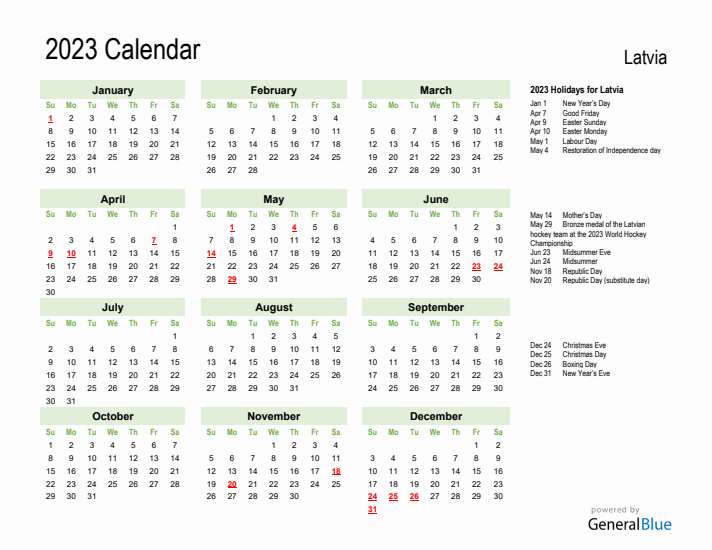 Holiday Calendar 2023 for Latvia (Sunday Start)