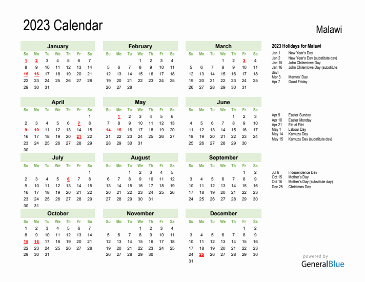 Holiday Calendar 2023 for Malawi (Sunday Start)