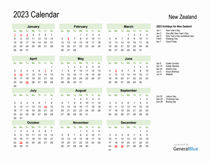 Holiday Calendar 2023 for New Zealand (Sunday Start)