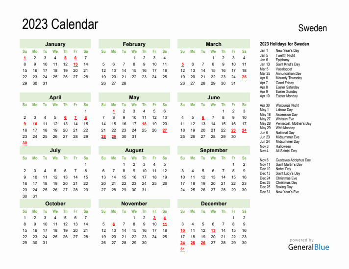 Holiday Calendar 2023 for Sweden (Sunday Start)