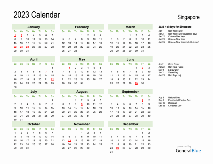 Holiday Calendar 2023 for Singapore (Sunday Start)