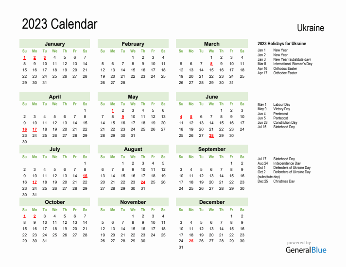 Holiday Calendar 2023 for Ukraine (Sunday Start)