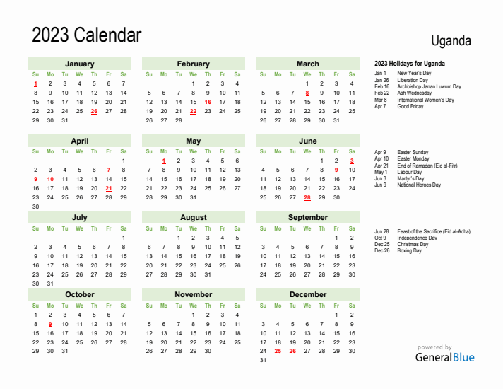 Holiday Calendar 2023 for Uganda (Sunday Start)