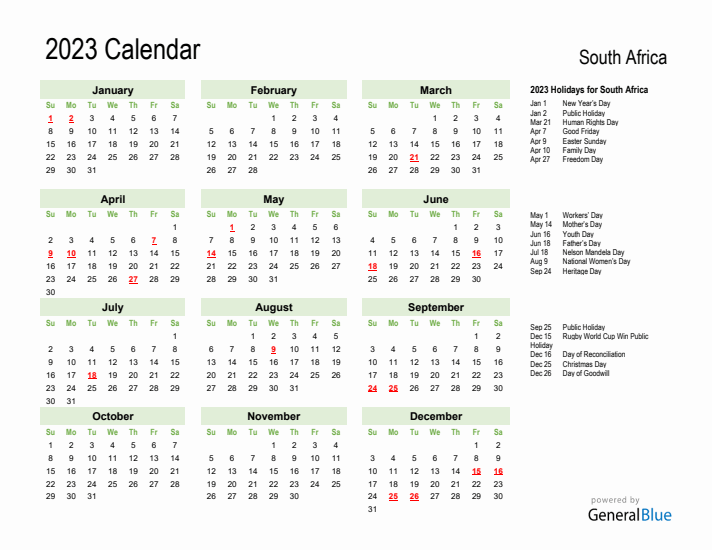 Holiday Calendar 2023 for South Africa (Sunday Start)