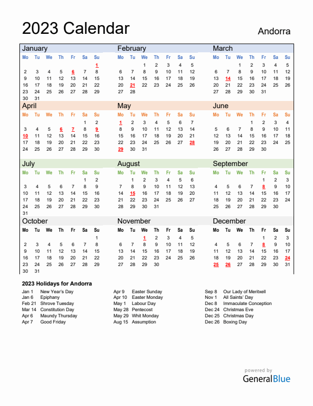 Calendar 2023 with Andorra Holidays