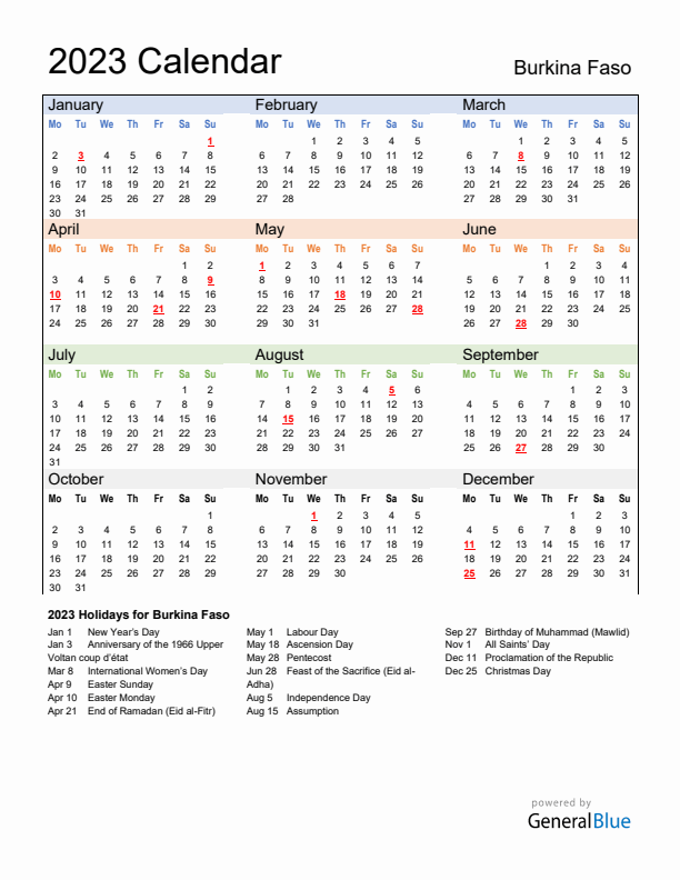 Calendar 2023 with Burkina Faso Holidays