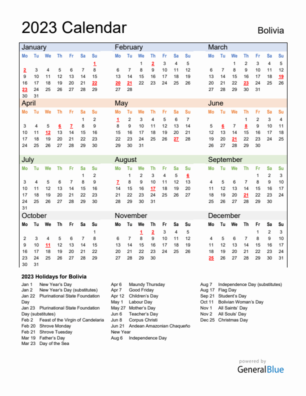 Calendar 2023 with Bolivia Holidays